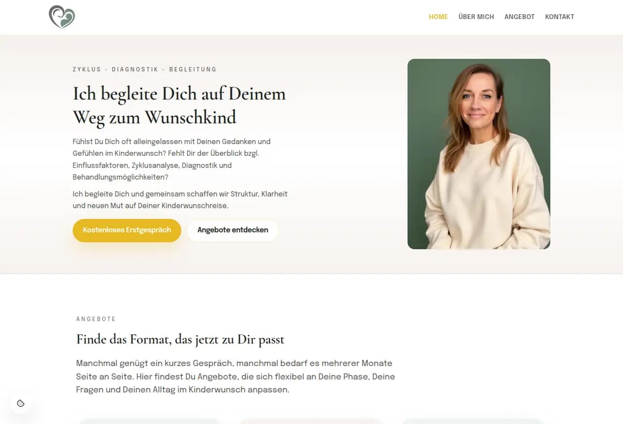 Startseite von Aus Wunsch wird Wunder mit persönlichem Hero und Buchungs-Call-to-Actions