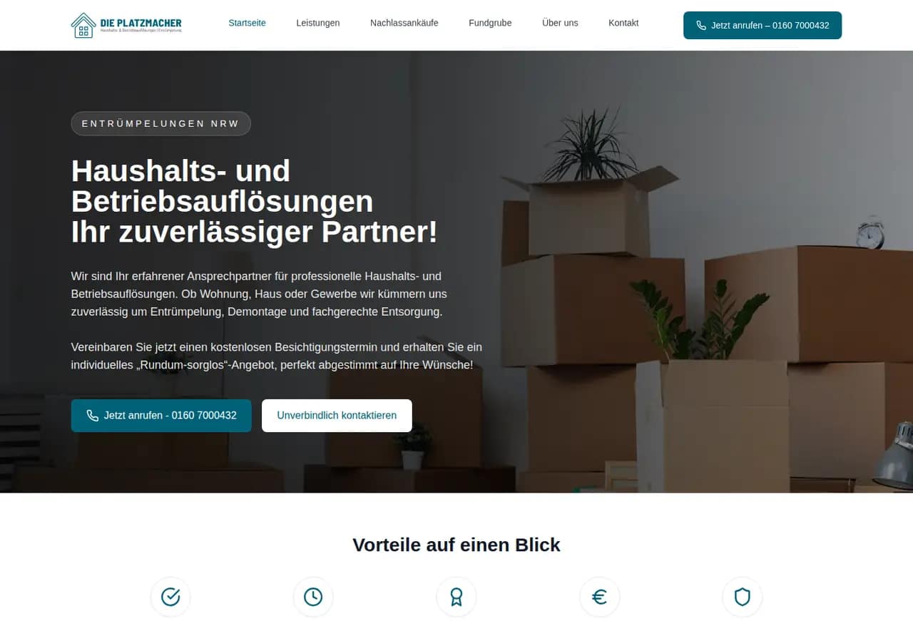 Startseite von Die Platzmacher mit Hero für Haushalts- und Betriebsauflösungen in NRW