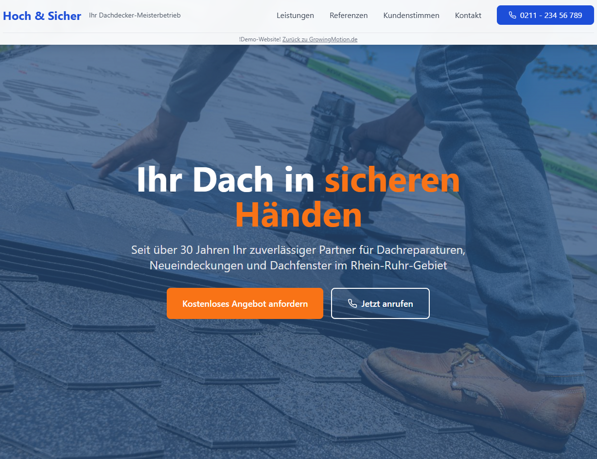 Hoch & Sicher – Dachdecker-Meisterbetrieb Startseite eines Dachdecker-Meisterbetriebs mit Hero-Bereich und Leistungskacheln